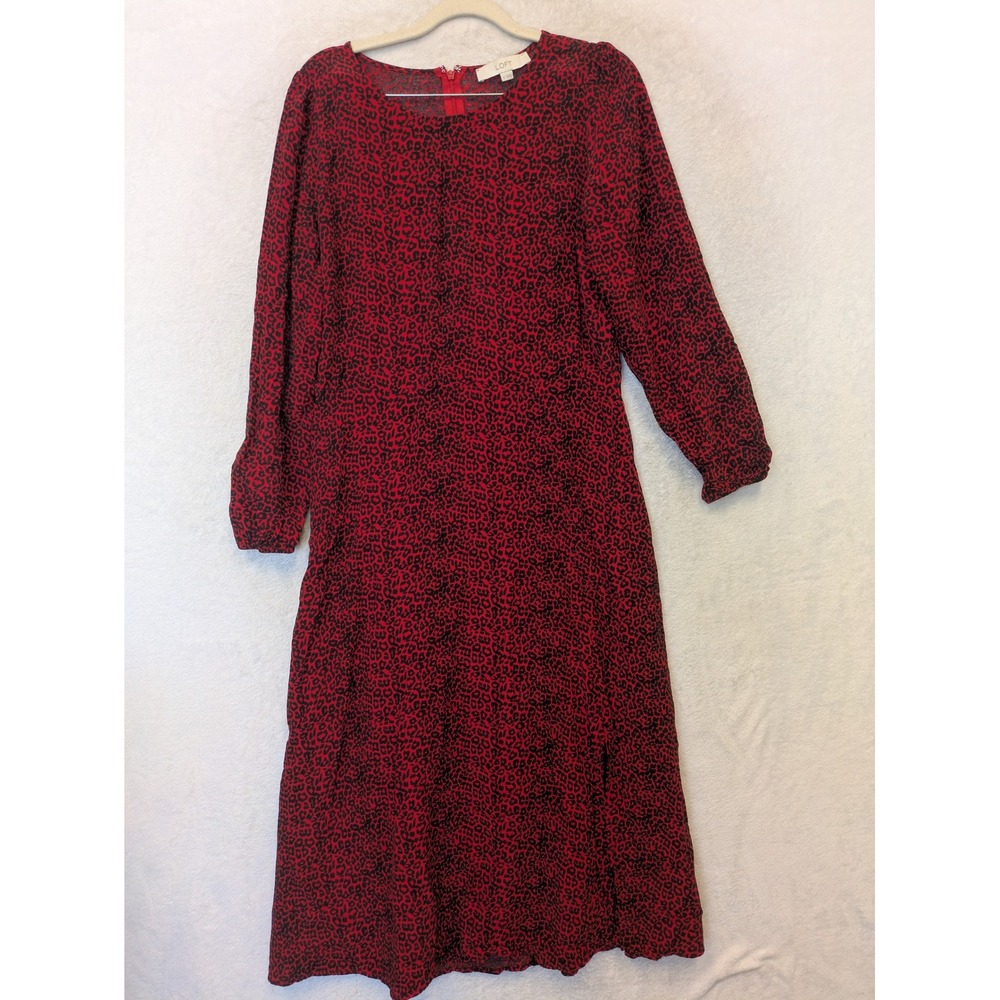 LOFT Midi Dress Women's 8 Red Black Leopard Animal Print‎ Long Sleeve Zipper